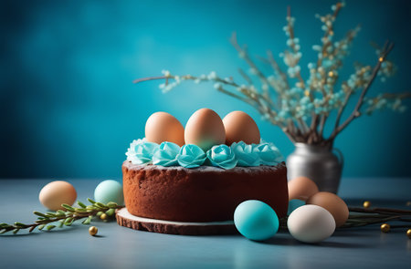 A delicious chocolate cake with azure frosting topped with eggs, displayed on a table with grass...