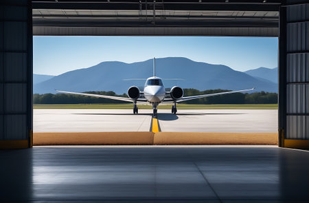 A vehicle is parked in a hangar with the door open, revealing an electronic device inside. The...