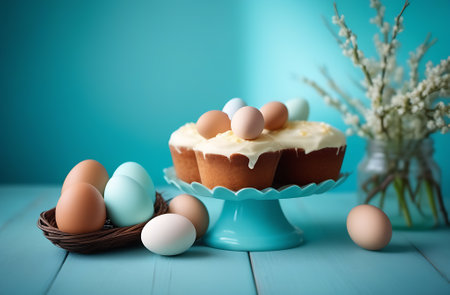 A beautifully decorated cake sits on a cake stand, surrounded by fresh eggs and vibrant flowers. The...