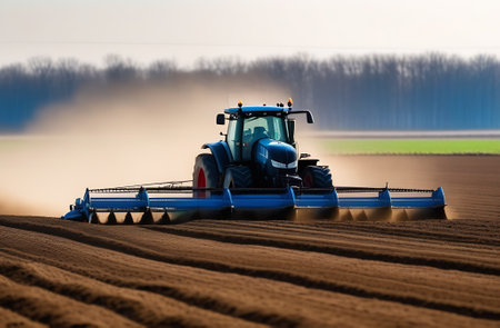 Blue tractor plowing field with attached plow under cloudy sky