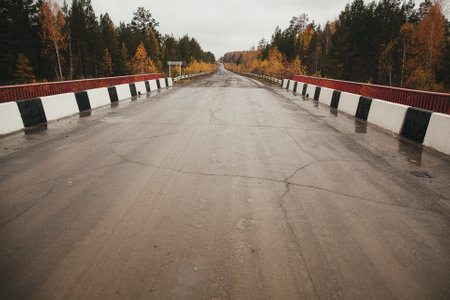 A bridge over a road in the forest with asphalt road surface, surrounded by trees and natural landscape. Sky reflecting on the water belowの写真素材