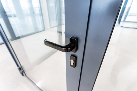 A detailed closeup of a metal door handle on a glass door, showcasing fine craftsmanship and sleek design elementsの写真素材