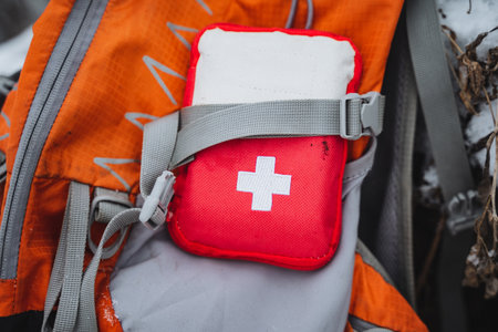 A compact-shaped first-aid kit in a backpack pocket, a package of medicines in a small box, a...