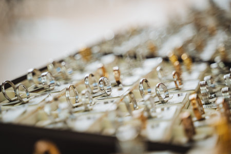 A stack of rings made of metal and glass is displayed on a wooden table. The macro photography captures the intricate details of each fashion accessory, creating a beautiful compositionの写真素材