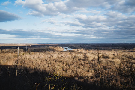 A natural landscape with a river in the distance, trees in the foreground, grassland, and a...