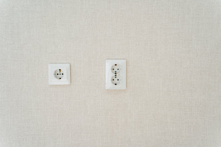 Two rectangular white electrical outlets are mounted on a beige wall. The minimalistic design contrasts with the warm wood ceiling and creates a modern feelの写真素材