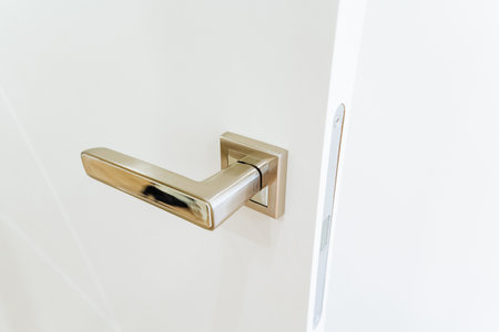 A closeup of a sleek titanium door handle on a white door, resembling a piece of jewelery or fashion accessory with its shiny metal finishの写真素材