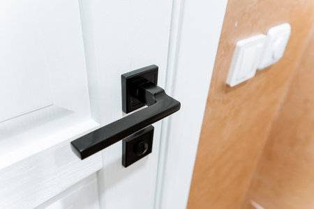 A closeup of a sleek black handle on a white door made of hardwood, showing the beautiful wood grain and wood stain finish. This fixture adds a touch of elegance to the buildings interiorの写真素材