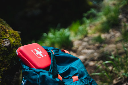An electric blue backpack is placed on the grass in the forest, with a red first aid kit sitting on top. The combination of nature and personal protective equipment creates a striking visualの写真素材