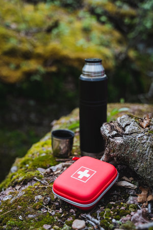 A first aid kit and a flask sit among the grass on a rock in a natural landscape. The groundcover provides a relaxing recreational spot for hikers to enjoy a drinkの写真素材