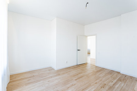 Explore this minimalist, modern empty room featuring white walls, wooden flooring, and ample daylight. Perfect for design inspiration, real estate listings, or home decor enthusiasts.の写真素材