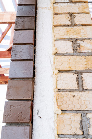 Examining a brick wall with foam insulation, focusing on construction materials and building process. Keywords Wood, Rectangle, Building material, Brickwork, Hardwood, Flooring, Beamの写真素材
