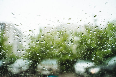 A car windshield with rain drops on it and trees in the background