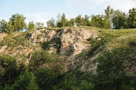 Cliff view at dawn, green forest growing on top of mountain, beautiful serene landscape,. High...