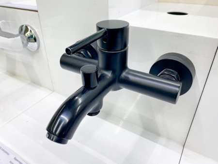 A sleek black bathtub faucet is elegantly hanging on the wall in a beautifully designed bathroom, enhancing the modern aesthetic of the space with its stylish appearance and functional designの写真素材