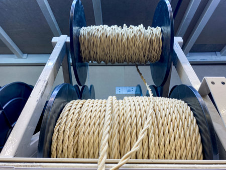 Two spools of rope are neatly stacked one on top of the other in a stable position, creating a...