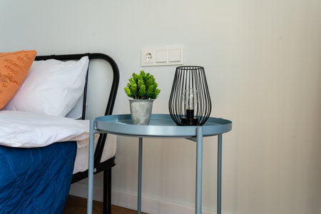 In a cozy room, a crafted wooden table holds a vibrant plant, with an elegant lamp illuminating the...