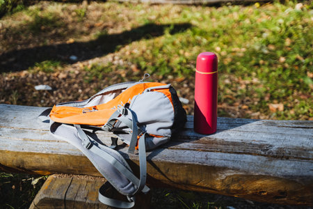 A colorful water bottle and stylish backpack sit on a rustic wooden bench in a serene natural...