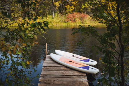 Two paddle boards are sitting on a dock next to a lakeの写真素材
