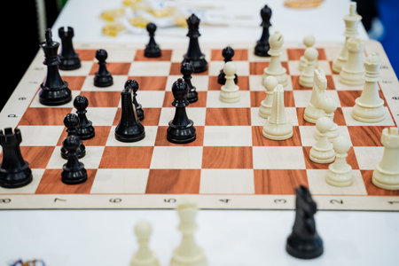 A beautifully designed chess board featuring an assortment of black and white pieces carefully...