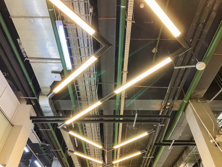 A beautifully designed ceiling with elegant lighting enhances illumination and elevates the spaces aesthetics, creating a lively and inviting atmosphere for everyone to enjoy and relaxの写真素材