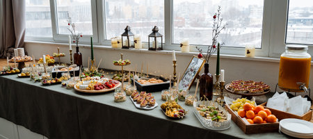 In a spacious room, a long, elegantly set table overflows with a variety of delicious food and refreshing drinks, beautifully arranged in front of a large window that lets in abundant natural lightの写真素材