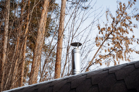 A chimney on top of a roof with trees in the backgroundの写真素材