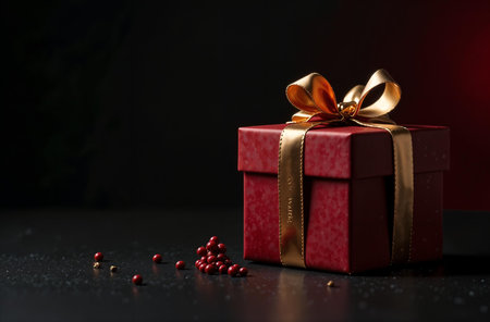 A vibrant red gift box adorned with a shimmering gold ribbon and beautifully crafted bow sits...