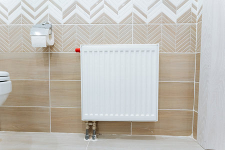 This bathroom showcases a modern toilet as well as a stylish radiator that is elegantly mounted on the wall, enhancing both its functional aspects and its overall aesthetic appeal in a delightful wayの写真素材