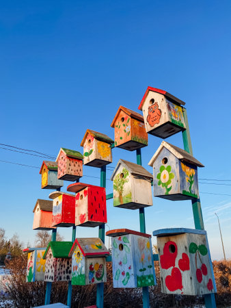 A vibrant and diverse collection of colorful bird houses are neatly stacked on top of one another, creating a whimsical and charming aesthetic that adds character to the environmentの写真素材
