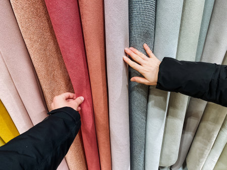 A person is gently touching beautiful fabric while browsing various textiles in a store, including exquisite lines and decorative carpets with a range of textures and vibrant colorsの写真素材