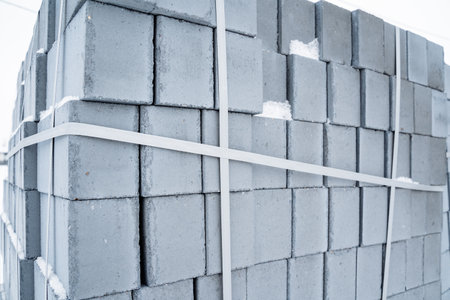 A robust stack of concrete blocks, securely held together with a strong and durable white strap, highlights their significance as vital materials utilized in various construction projectsの写真素材