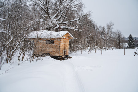 In the peaceful and tranquil snowy forest, a charming quaint wooden house stands out, capturing attention against the calm, serene white landscape that is blanketed in soft, glistening snowの写真素材