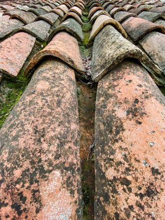 This image highlights a closeup of neatly arranged rooftop tiles, showing intricate textures, unique patterns, and a diverse array of brown shades in the construction materialの写真素材