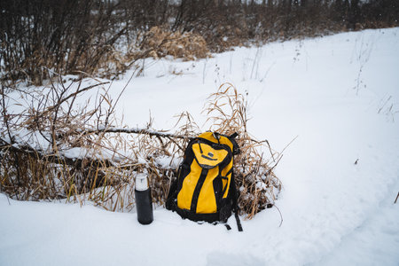 A bright yellow backpack is laying in the soft, white next snow to a shiny water bottle that...