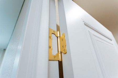 This closeup image shows a wellfitted hinge on a white door, emphasizing essential hardware for enhanced functionality, reliability, and durability in everyday household use and maintenanceの写真素材