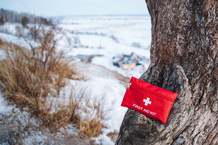 A vibrant and bright red first aid kit is positioned atop a snowcovered tree trunk, creating a striking and captivating contrast against the pure white winter backdrop of the serene landscapeの写真素材