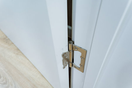 This image provides a detailed view of a white door that features a damaged hinge, which emphasizes...