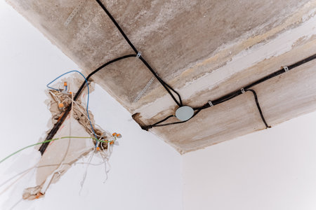 This closeup showcases intricate details of exposed ceiling wiring and rough textures in an abandoned building, highlighting both construction artistry and decay effects over timeの写真素材