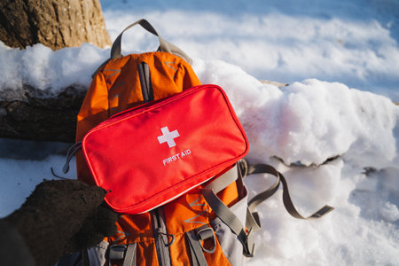 A wellstocked first aid kit is prominently placed on top of an orange backpack that is sitting in...