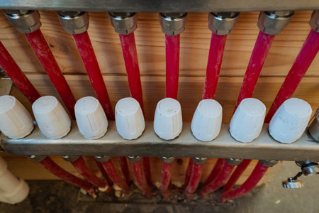 This is a striking collection of vividly colored red pipes, each one uniquely topped with pristine white caps that enhance their appearance while defining their specific intended usage quite clearlyの写真素材