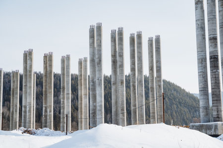 There is a picturesque scene of a row of poles standing firmly in the powdery snow, with majestic...