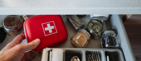A tidy kitchen drawer showcasing jars filled with various spices, enhancing organization and accessibility in your cooking spaceの写真素材