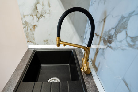 In a beautifully designed kitchen, there is a stylish black sink complemented by an elegant gold faucet, adding a touch of sophistication to the overall decor and functionality of the spaceの写真素材