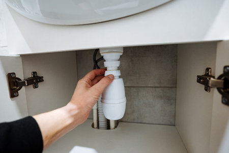 In a bathroom, a skilled individual is actively in the process of repairing and fixing a sink drain, ensuring it functions properly and efficiently to prevent any leaks or clogs during useの写真素材