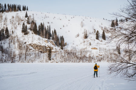 A joyful person elegantly moves down a scenic snowy mountain trail, embracing the crisp winter air and breathtaking views, feeling a deep sense of inner peace and true happiness in natureの写真素材