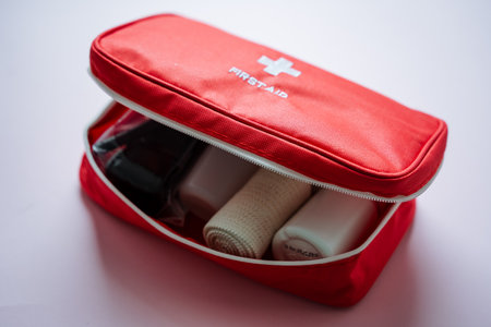 A compact red first aid kit featuring essential medical supplies, perfect for emergency preparedness...