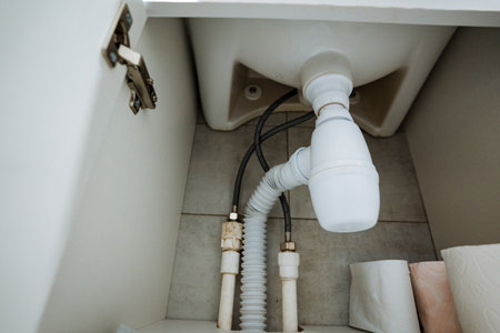 The bathroom includes a sink that is equipped with a drain pipe located at its base, which is essential for ensuring effective drainage while also maintaining proper sanitation standards within homesの写真素材