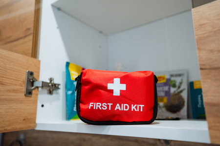 A fully equipped first aid kit, containing essential supplies for treating injuries and illnesses,...