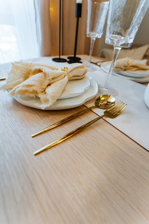An elegantly set dining table with decorative plates, fine silverware, and crafted glasses creates a warm atmosphere, perfect for enjoying meals with loved ones, making each dining experience specialの写真素材